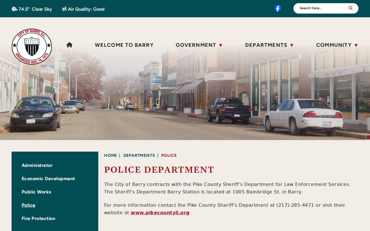 City of Barry notice explaining contracted Pike County Sheriff law enforcement