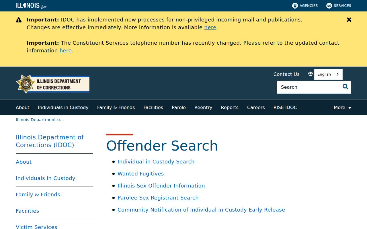 Illinois Department of Corrections individual in custody search options