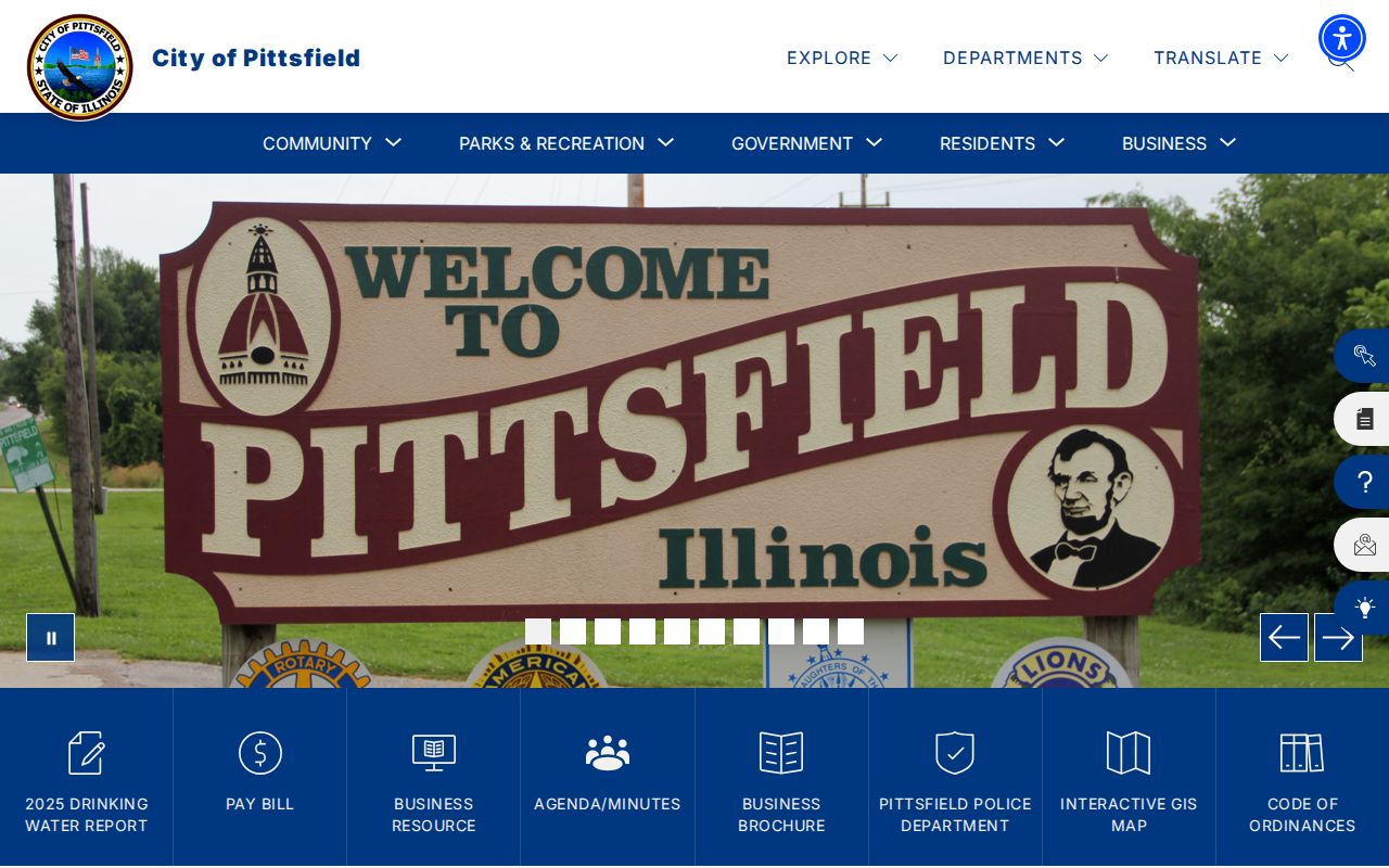 Official Pittsfield Illinois city page showing the county seat and local civic identity